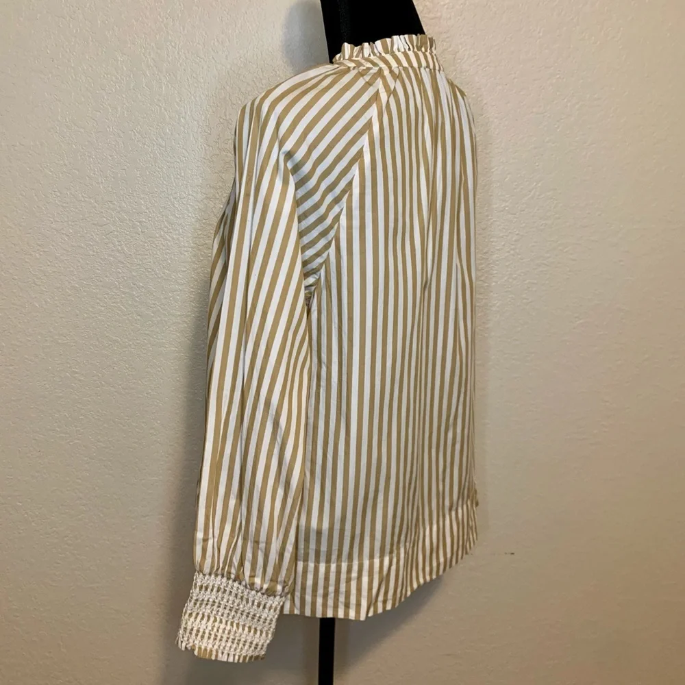 J. Crew ReImagined Popover Top Smocked Cuffs Ruffle Neck Striped Tan White Small